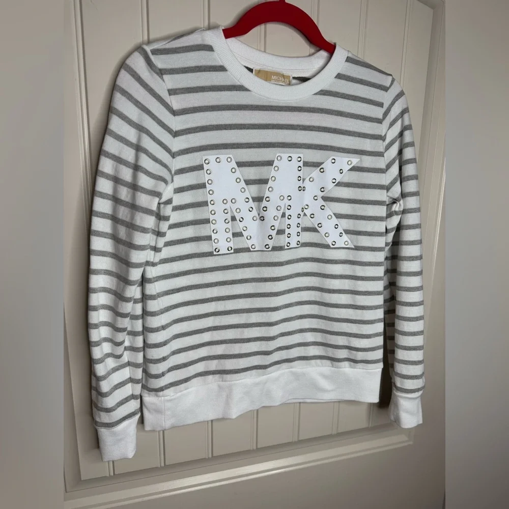 MICHAEL KORS ⭐️ Striped Gray and White Logo Sweatshirt (Women's X-Small)